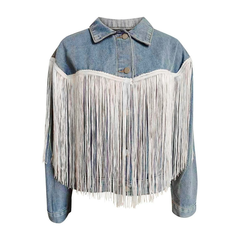 Wiyuqeen Women Fringe Jean Jacket Boyfriend Long Sleeve