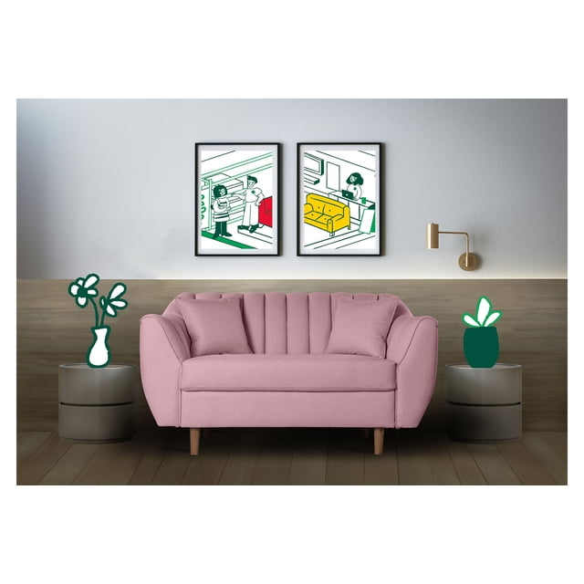 sofá love seat 2 plazas de lino palo de rosa makora eliana, vista frontal centrada de un love seat de dos plazas en lino palo de rosa con patas de madera clara; respaldo con canales verticales, brazos curvos y asiento compacto; fondo de sala minimalista con mesas laterales y cuadros; ideal para dos personas, tela de lino fresca y fácil de limpiar y montaje sin herramientas en menos de 5 minutos.