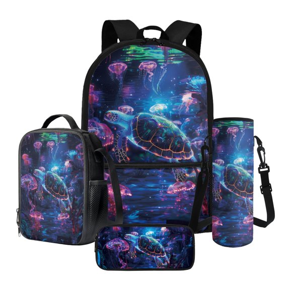 ZUXONGSY Turtle Jellyfish Print 4 Pcs Kids Backpack Set for Elementary Middle Schools Lightweight Bookbags School Bags with Lunch Box Pen Case and Water Bottle Holder, Casual Daypack for Girls Boys