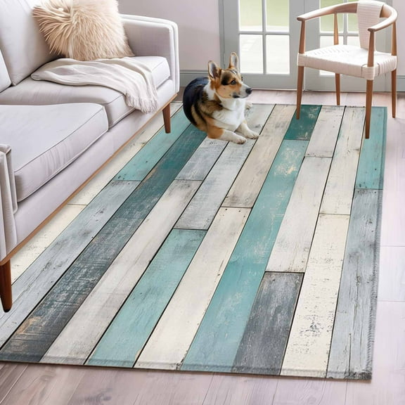 Turquoise Grey Wooden Area Rug 3x5 Washable Rug Non Slip Farmhouse Teal Wood Large Area Rug Indoor Floor Carpet for Entryway Bedroom Kitchen Living Room Home Office Dining Room Nursery