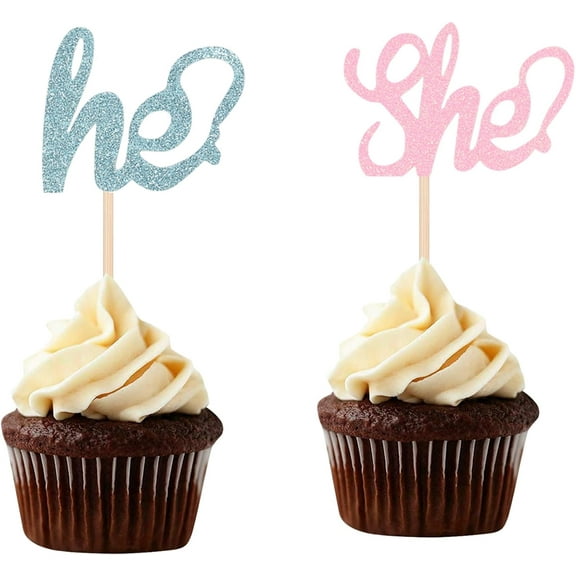 Glittery He or She Cupcake Toppers for Gender Reveal Party Boy or Girl Pink or Blue Cake Decoration Picks Photo Props - 10pcss