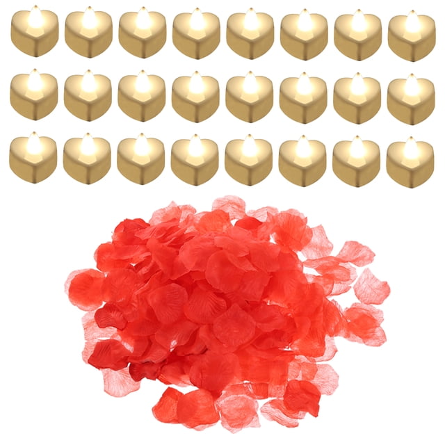 Unique Bargains Bougies LED en Forme de Cœur Sans Flamme, Lumière Blanche Chaude avec Pétales de Rose Rouges Artificiels, Lot de 24