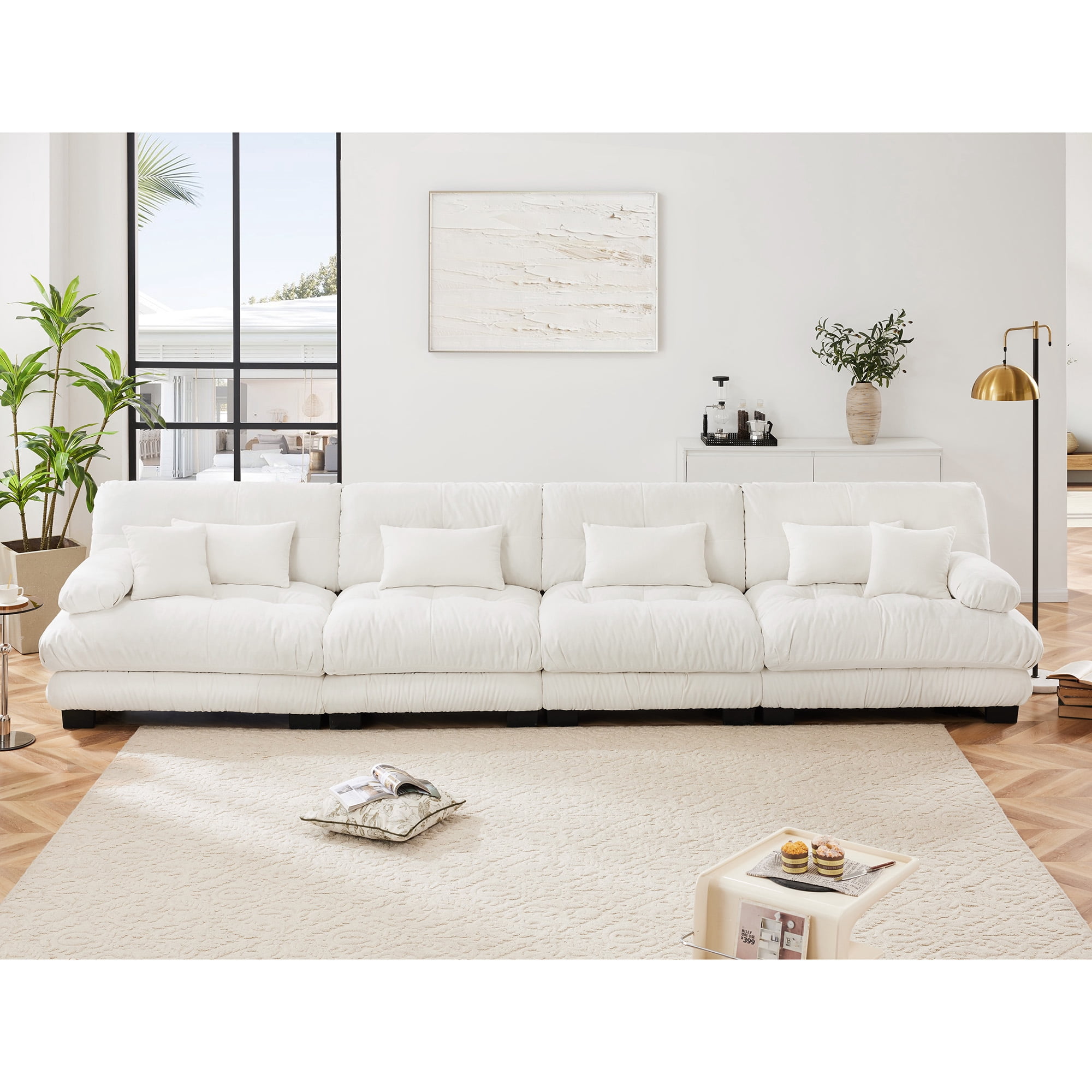 Gewnee 4-Seater 173.2" Oversized Modular Sectional Sofa, Deep Seat Chenille Cloud Sofa with Lumbar Pillows & Throw Pillows, Upholstered Living Room Couch, White