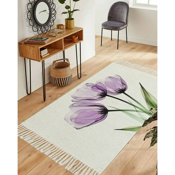 Purple Tulip Area Rug 3x5ft Woven Runner Rug,Modern Blossom Pastel White Floral Petal Washable Living Room Hallway Bedroom Kitchen Carpet with Tassels,Indoor Outdoor Throw Door Mat for Entryway