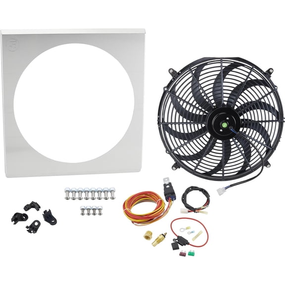 Speedway Motors Single Electric Cooling Fan and Shroud Kit with Wiring 22 Inch Aluminum Shroud 16 Inch Curved Blade Fan Fits 19 Inch Tall Radiator Cores