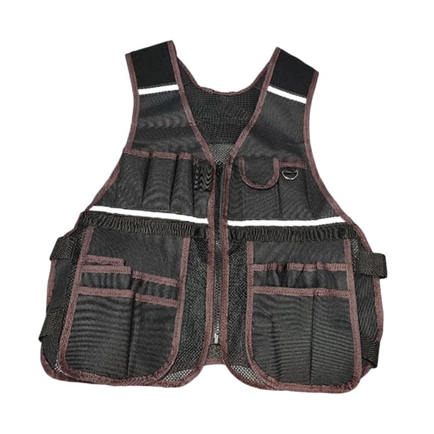 Chaleco portaherramientas con bolsillos para herramientas, bolsa de almacenamiento premium, chaleco de trabajo con detalles reflectantes café