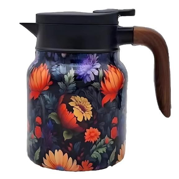 ACDANC Tea Thermos,1000ML Vintage Floral Pattern Stainless Steel Insulated Teapot,Built-In Infuser,Wooden Handle