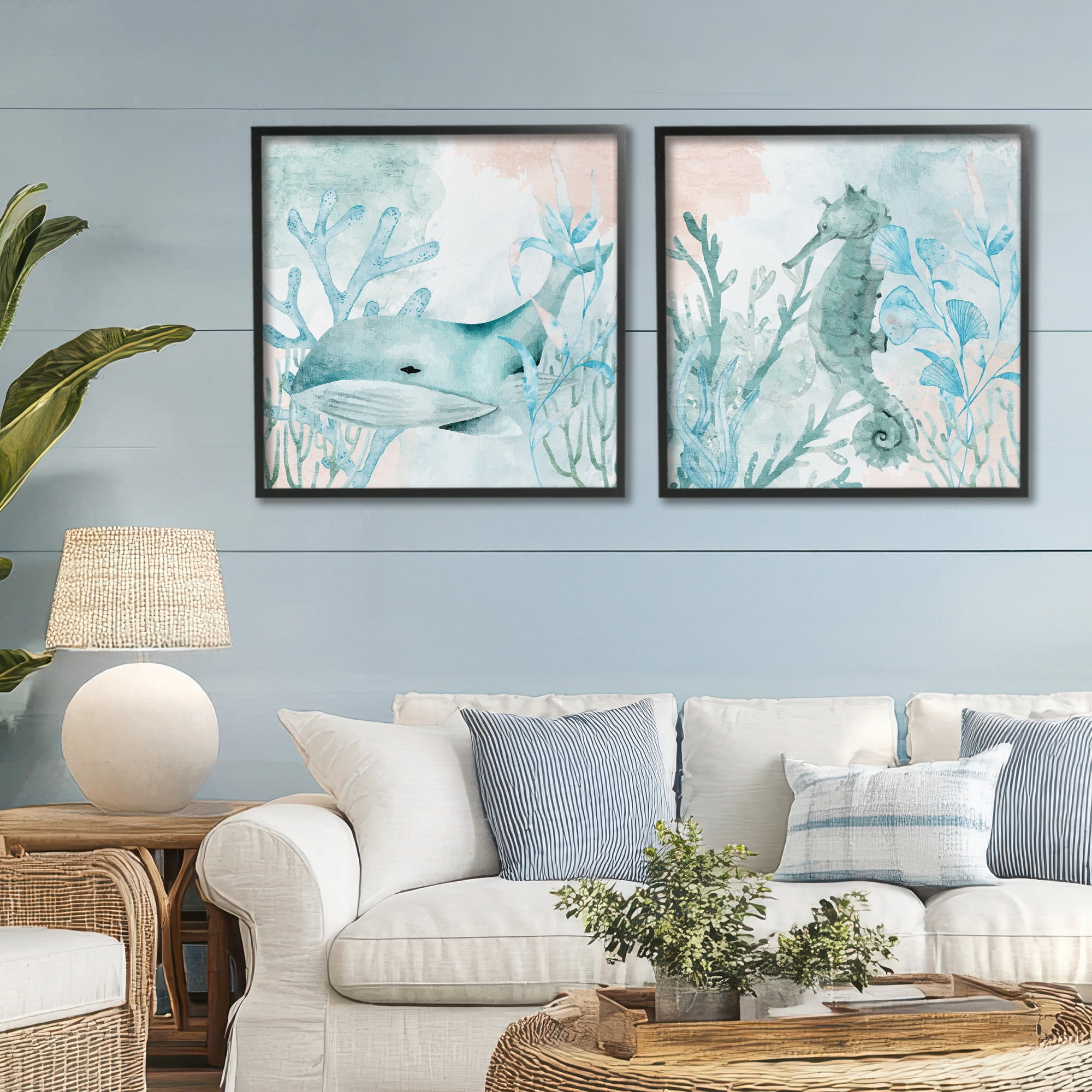 Stupell Industries Whale & Seahorse Sea Swim 2 Piece Black Framed Giclee Art Set, design by Kim Allen