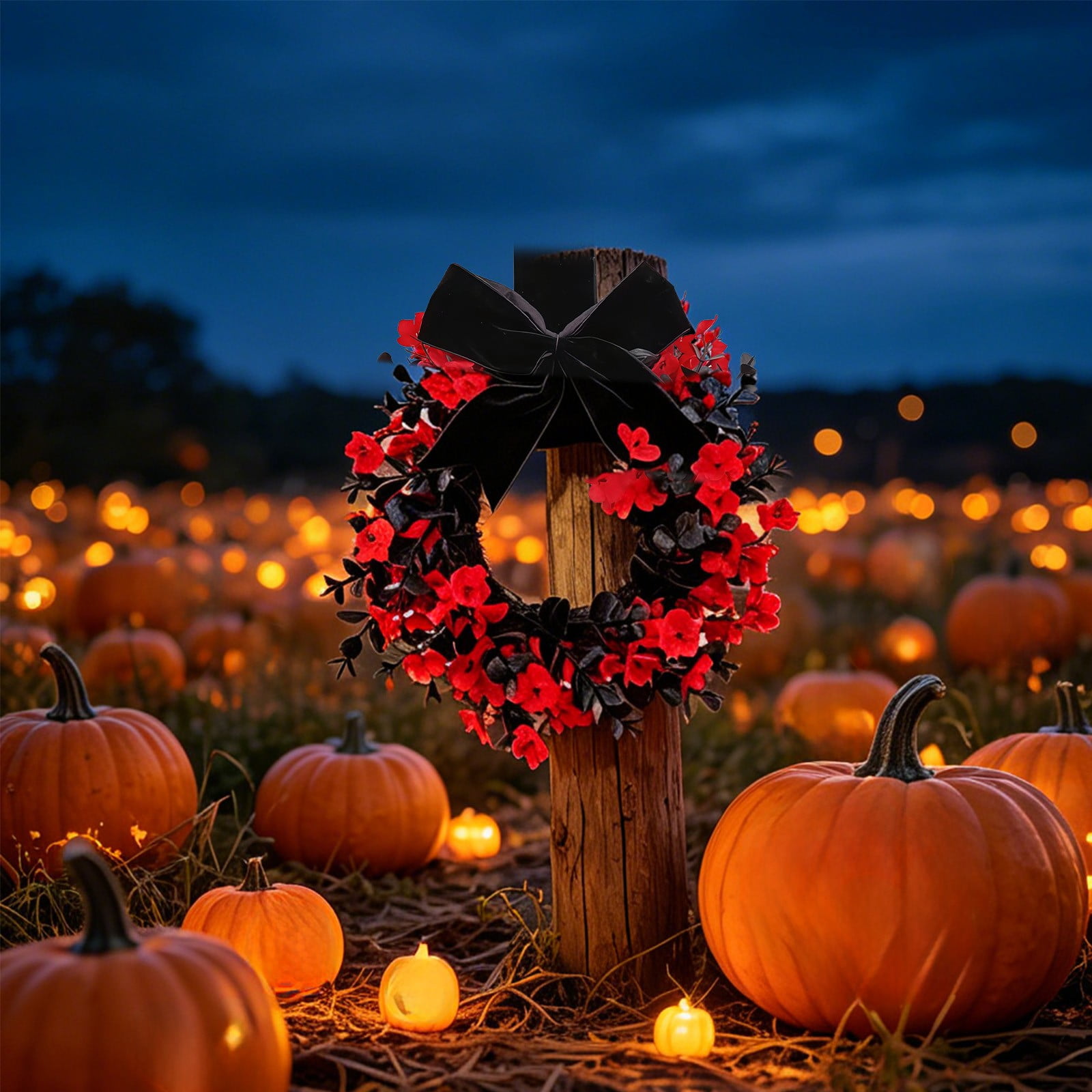 Halloween Artificial Floral Front Door Wreath with Velvet Bow Handcrafted Circular Garland for Porch Entryway Fall Seasonal Decor Spooky Home Decoration Party Display
