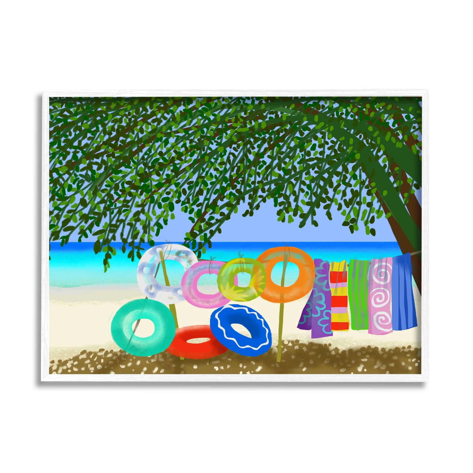 Stupell Industries Bold Beach Floats Overhanging Tree Coastal Shoreline Graphic Art White Framed Art Print Wall Art, Design by unknown