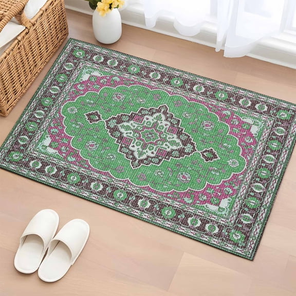 2x3 Ft Entryway Area Rug, Boho Southwest Kitchen Rug Runner Washable Floor Mat, Green Red Farmhouse Retro Aztec Abstract Non Slip Indoor Door Mat Throw Carpet for Bathroom Living Room Bedroom
