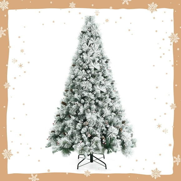 Topbuy 7ft Snow Flocked Christmas Tree Full-bodied Hinged Xmas Tree w/ Glittery Pine Cones Holiday Festival Supplies
