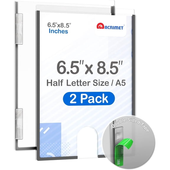 Acrimet Wall Mount Sign Holder, A5 Half Letter Size, Clear Crystal Plastic, Self-Adhesive Backing, 6.5 x 8.5 in, 2 pack