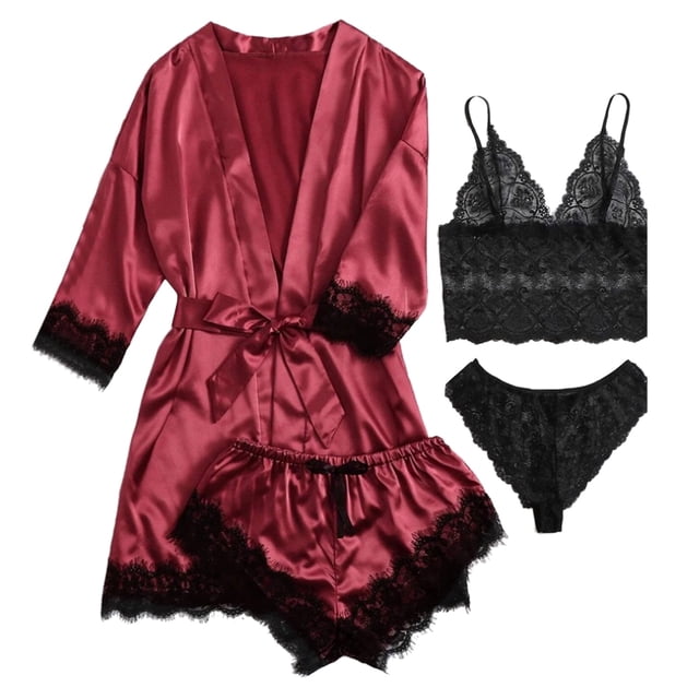 Conjunto de pijama de satén para mujer, 4 piezas, camisola con ribete de encaje floral, lencería para dormir con bata, talla M, rojo