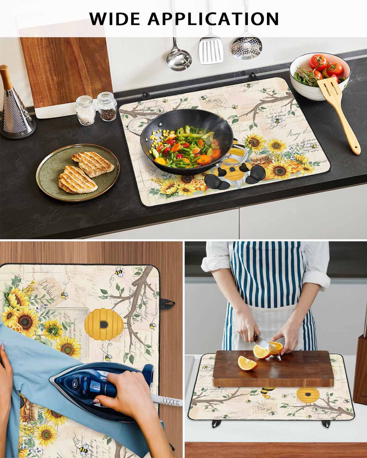 Large Induction Cooktop Protector Mat Gnomes Sunflower Stove Top Covers for Electric Stove, Bees Branches Floral Watercolor Decorative Stove Burner Cover Mats, Glass Top Stove Cover