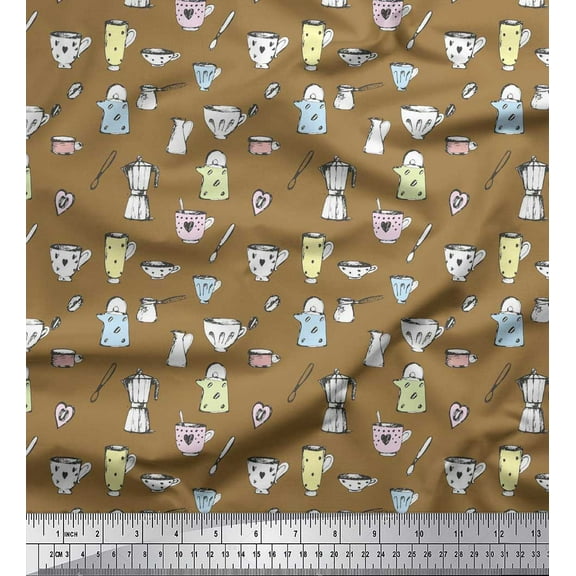 Soimoi Brown Cotton Voile Fabric Cup,Kettle & Mixer Jar Kitchen Print Sewing Fabric Yard 42 Inch Wide