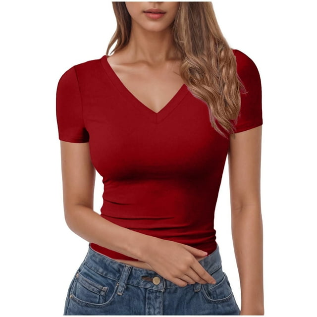 Timegard Going out Tops for Women V Neck Slim Fitting Comfy Solid Color Short Sleeve Top Tee Casual