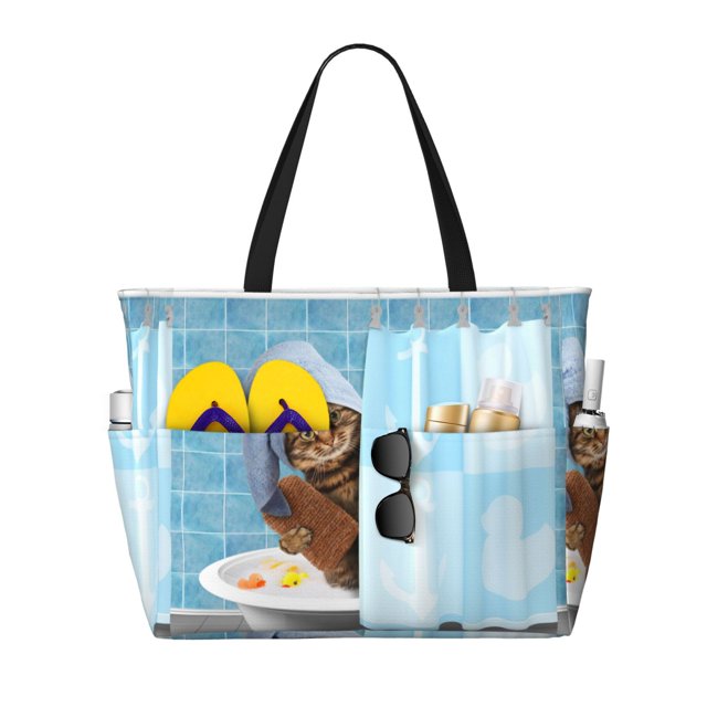 Disketp Funny Cat Taking a Bath Bolsa de Playa de Gran Capacidad, Bolso Impermeable y a Prueba de Arena para Mujer, Ideal para Playa, Piscina y Natación