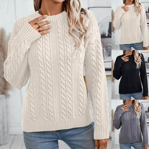 Fartey Women's Cable Knit Sweater Loose Fit Fall Long Sleeve Chunky Knitwear Cozy Crew Neck Pullover Sweaters Winter Fashion Clothing Gray L