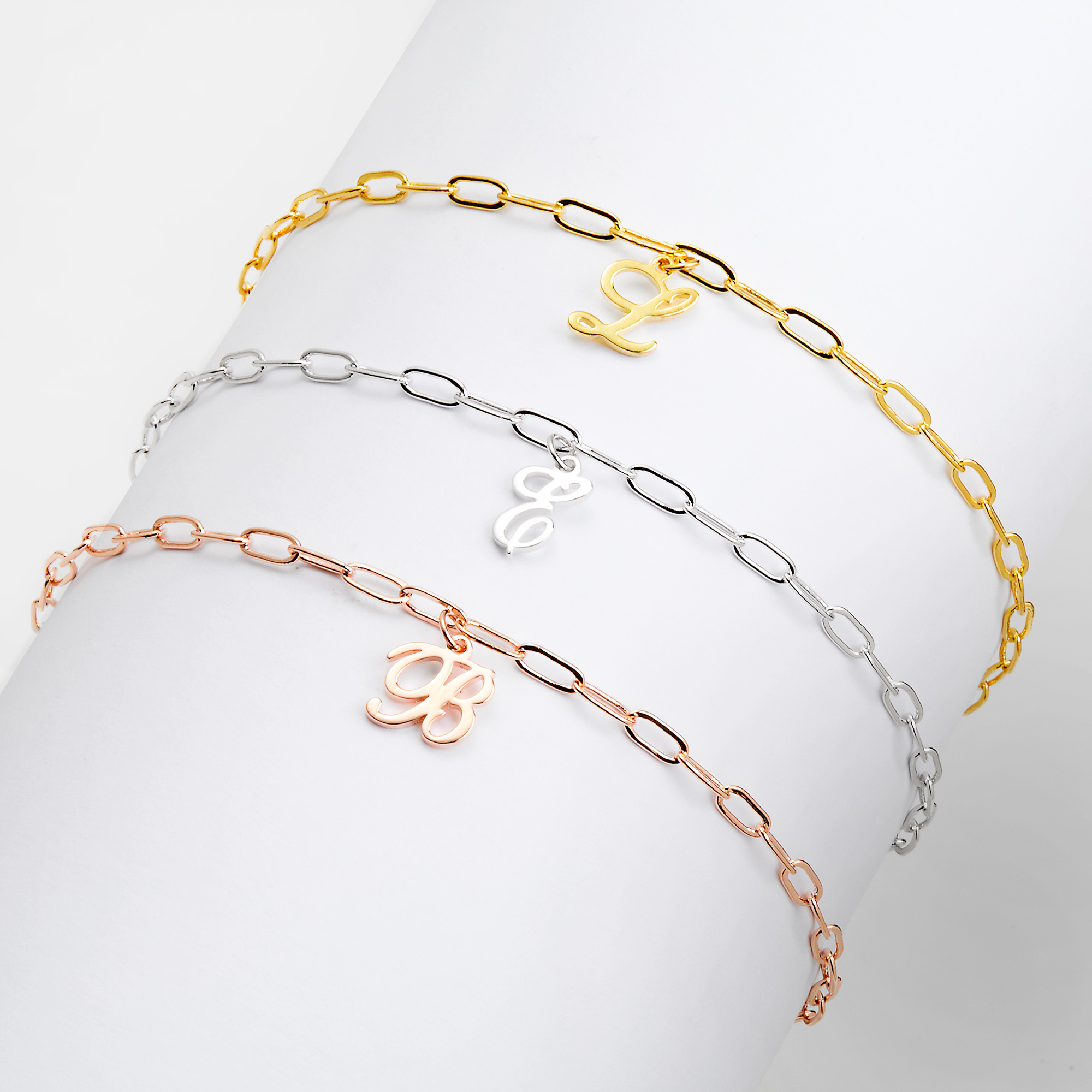 Personalized Planet Women's Sterling Silver Script Initial Charm Paperclip Chain Bracelet