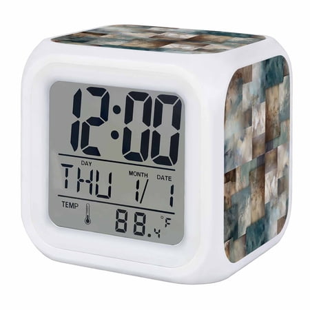 Blue Brown Geometric Digital Alarm Clock for Bedrooms, Smart LED Alarm Clock with 7 Color Changing Night Light, Modern Ombre Abstract Art Silent Wake Up Clocks for Sleep Study Cooking 3.2"x3.2"