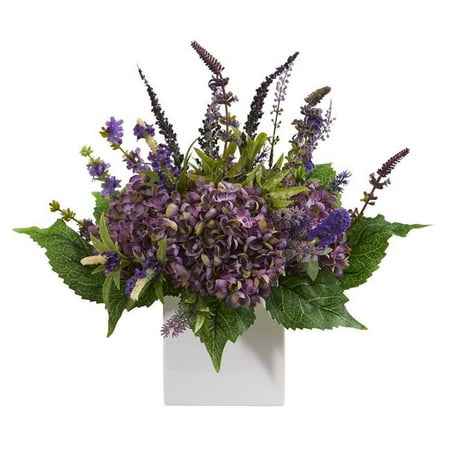Nearly Natural 15” Hydrangea and Lavender Artificial Arrangement in White Vase