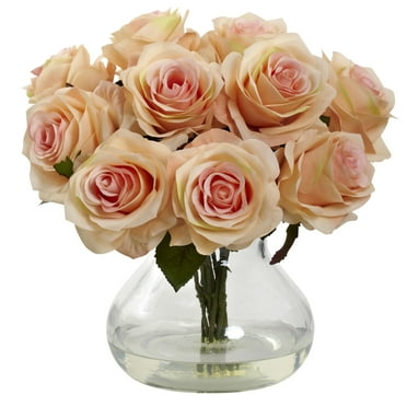 Nearly Natural Rose Arrangement Artificial Flowers with Vase, Orange