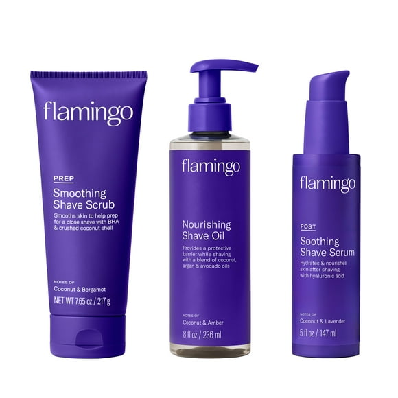 Flamingo 3-Step Shave Set for Women - Smoothing Prep Scrub, Nourishing Oil, and Soothing Post Serum - Glow Collection