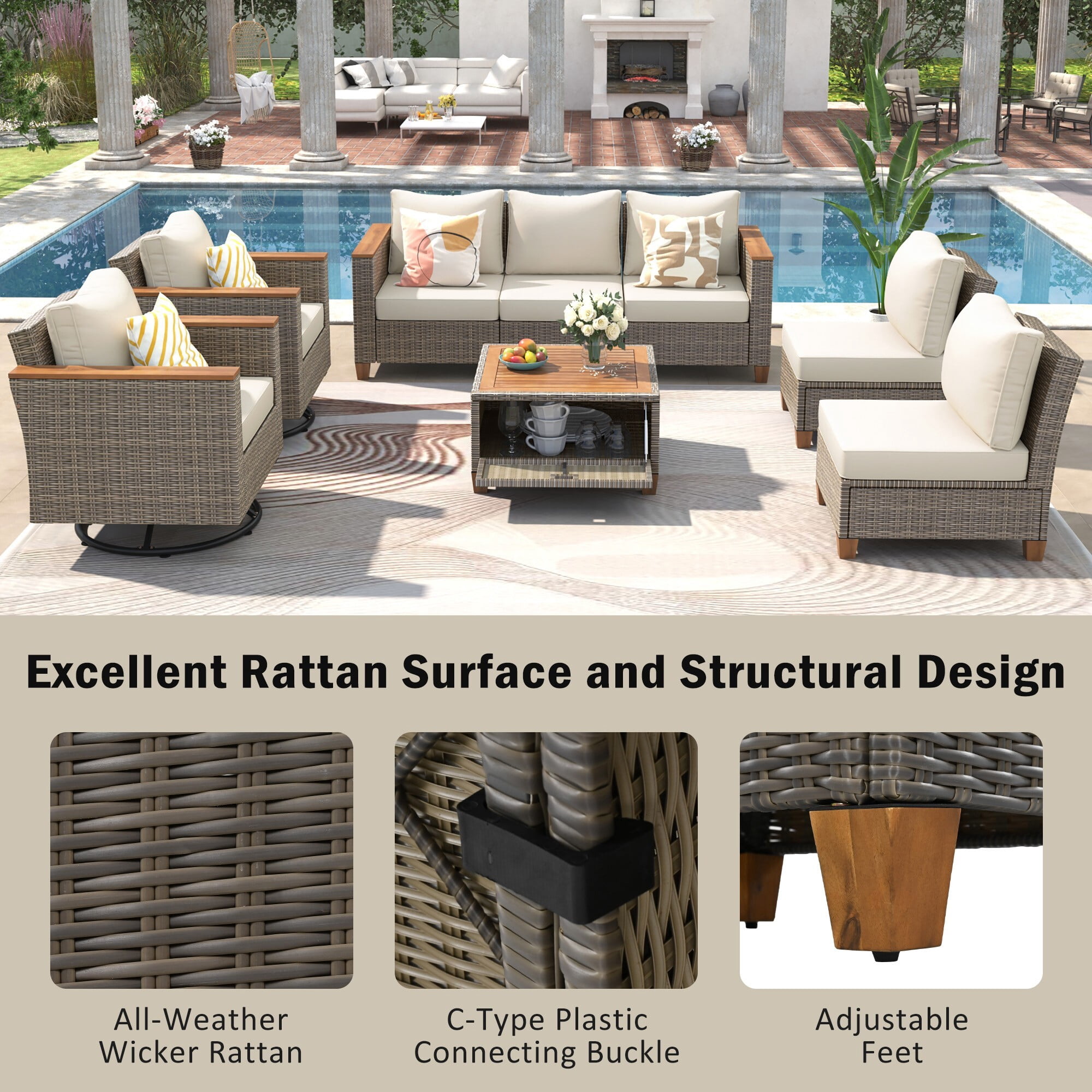 AENKYO 8-Piece Wicker Patio Furniture Set, Sectional Sofa w/ 360° Swivel Rocker Chairs & Acacia Storage Table, Beige