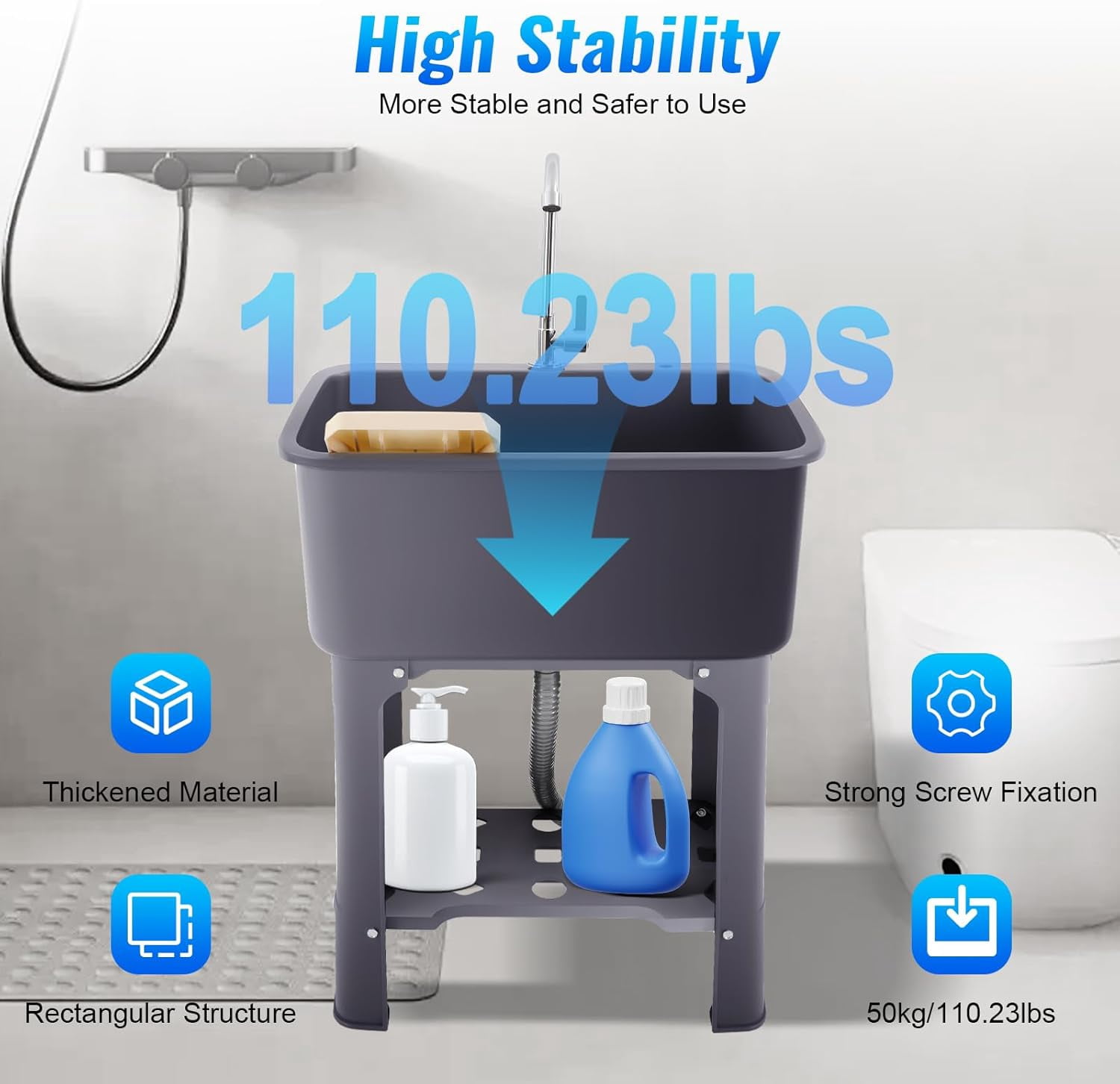 Laundry Sink Freestanding Plastic Utility Sink W/Storage Shelf Faucet Drain Kit For Laundry Room, Bathroom, Farmhouse