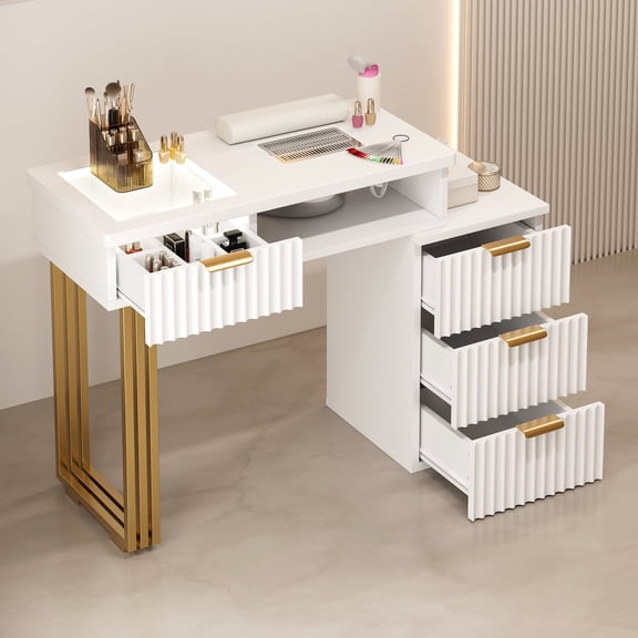 Manicure Table for Nail Tech with Wrist Cushion, Corner Nail Desk with 2 Drawers and 2 Shelves, Beauty Salon Nail Supplies Decor Station with 16 Colors LED Lights （White）