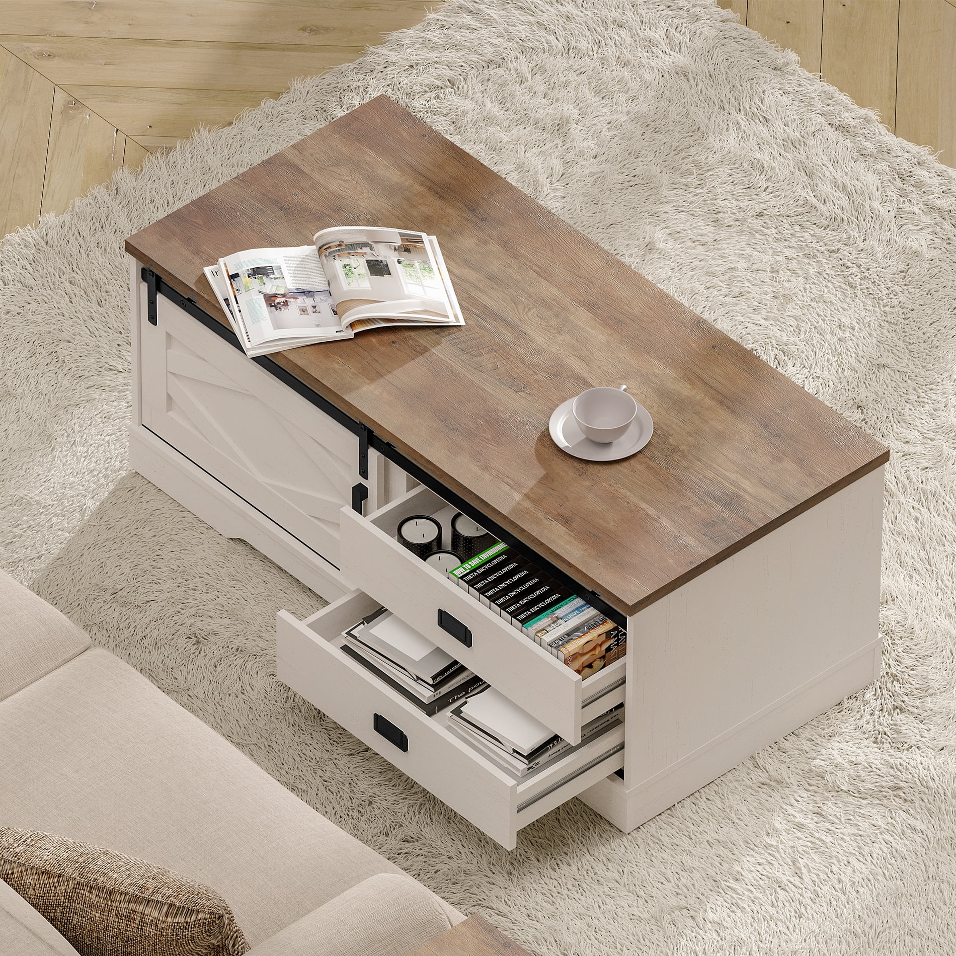 Rectangular Coffee Table with Sliding Barn Door, Center Table with Hidden Storage Compartment and Drawers for Living Room,Office,Antique White