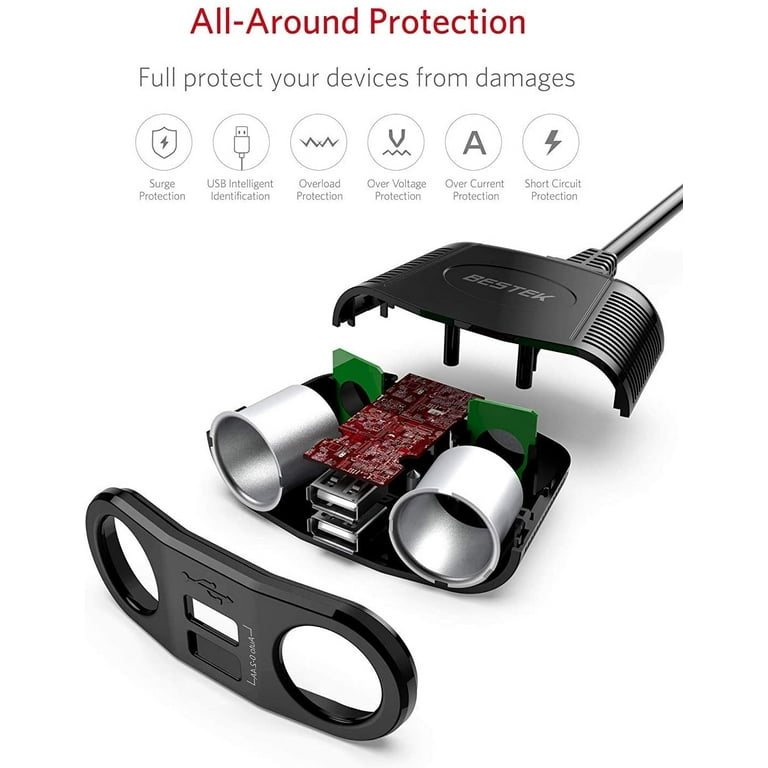 BESTEK 150W 2-Socket Car Cigarette Lighter Splitter Power Adapter DC Outlet  Car Charger Dual 2.4A USB with 26 Inches Cord for Cellphone GPS Dash Cam