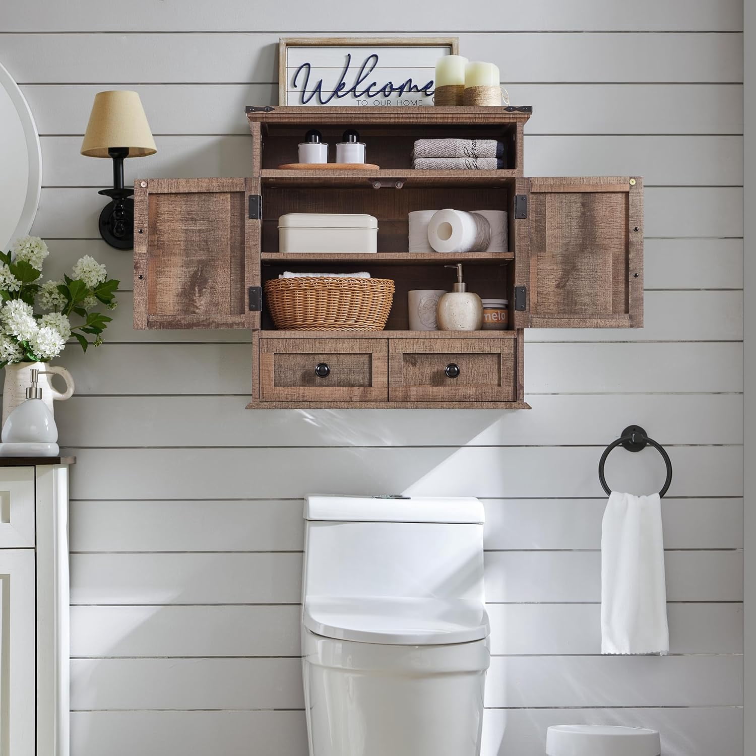 ZYPPP Bathroom Wall Cabinet, Farmhouse 24" Wide Medicine Cabinet with Drawer, Adjustable Shelf, Double Barn Doors, Storage Cabinets for Bathroom, Kitchen, Living Room, Rustic Brown
