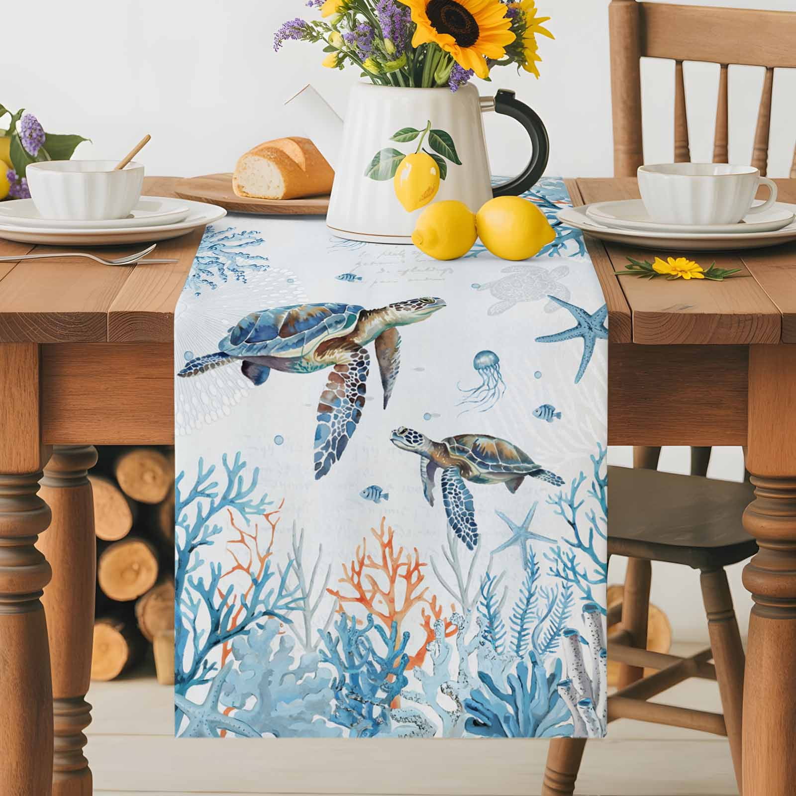Sea ​​turtle Ocean Blue Coral Table Runner 90 Inches Long, Starfish Jellyfish Underwater World Table Runners Tabletop Scarf Kitchen Dining Tables Decoration for Home Party Indoor Outdoor