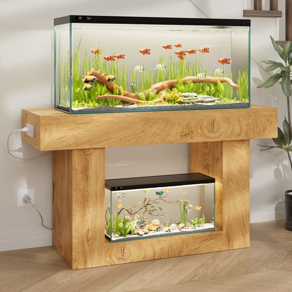 WARAYZ Aquarium Stand with Power Outlet, Dual-Tier Fish Tank Cabinet with Storage, 55", Wood Grain
