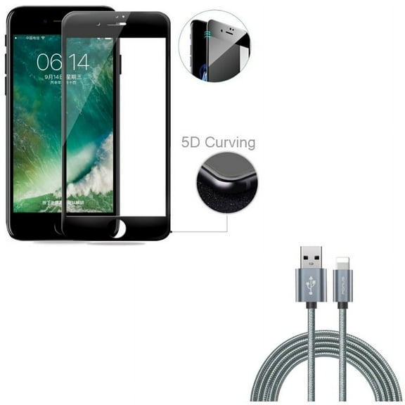 iPhone 8/7/6S/6 - Tempered Glass Screen Protector w Charger Cord 10ft USB Cable - 5D Touch Curved Edge Full Cover Bubble Free Case Friendly, Power Wire Braided Long Sync for iPhone 8/7/6S/6