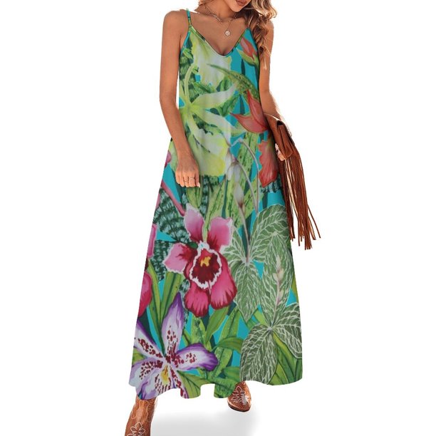 Vestido sin mangas de seda con orquídeas pintadas, vestido de mujer, vestidos de noche para mujer