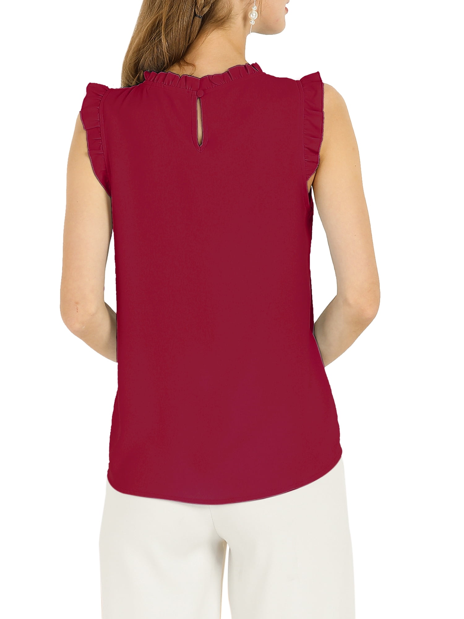 DARING DIVA Women's Ruffled Trim Pleated Plain Blouse Top L Burgundy