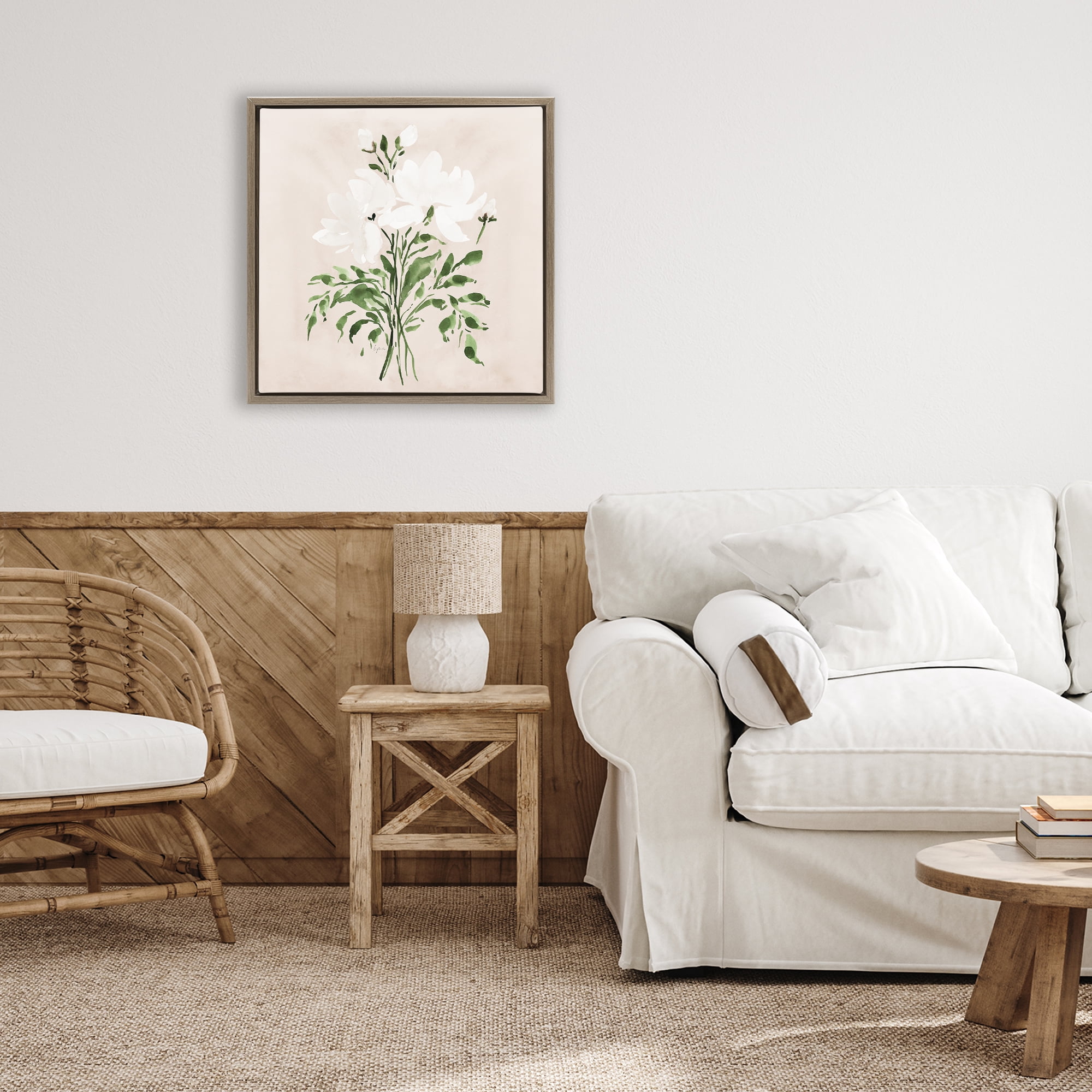 Stupell Industries White On Tan Floral Brown Framed Floater Canvas Wall Art, design by Lucille Price
