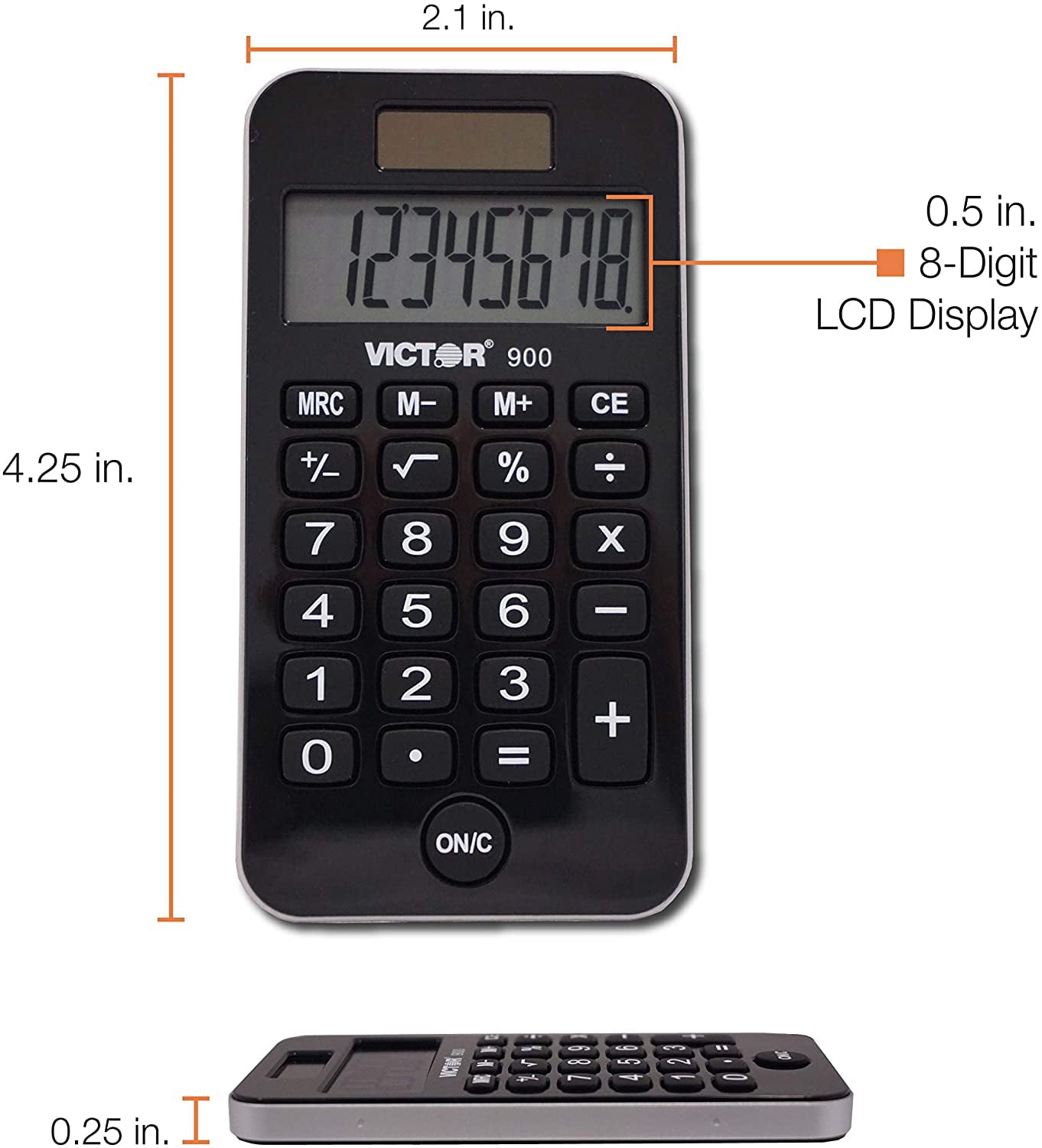900 8-Digit Standard Function Calculator with Hard Protective Cover, Solar and Battery LCD Display, Small Pocket for Students Professionals, Black, 0.3" x 2.5" 4.3"