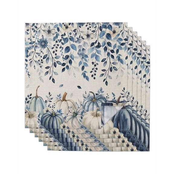 Vintage Fall Blue Cloth Napkins Set of 6 Reusable Dinner Napkins, Thanksgiving Botanical Pumpkins Rustic Cocktail Napkin Washable Table Napkins for Wedding/Holiday Party/Baby Shower 20"x20"