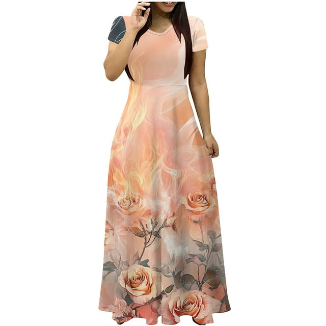 Staron Robes d'Été pour Femmes Manches Courtes Col Rond Boho Robe Soleil Mode Décontractée Évasée Fluide Voyage Vacances Robes