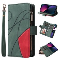 Multifunctional Case for iPhone 16,[RFID Blocking] 9 Credit Cards Holder with Wrist Strap, Premium PU Leather Zipper Wallet Purse Magnetic Flip Phone Cover,Green