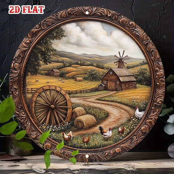 Vintage Farm Scene with Barn & Windmill Round Aluminum Sign - Ornate Framed Wall Decor, 1pc, 8" Wall Art Metal Sign, For Kitchen, Door, Room, Home, Bathroom, Ideal Gift, Weather Resistant, 2D Flat