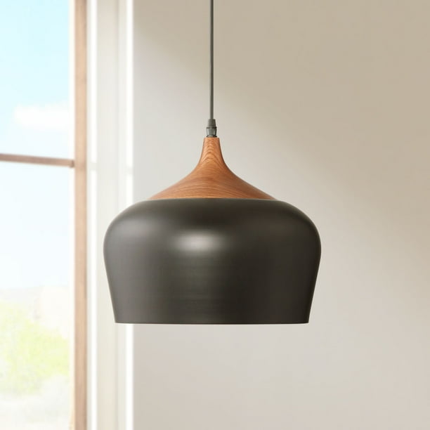 Possini Euro Design Black Aluminum Pendant Light 12" Wide Modern Wood