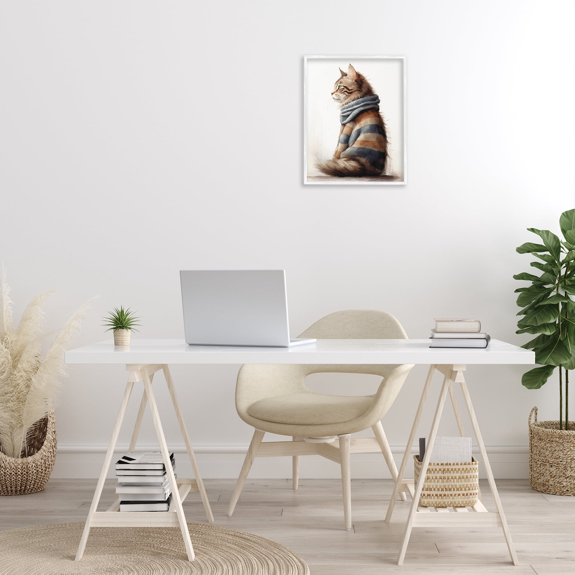 Stupell Industries Cat in Striped Sweater Animals & Insects Painting White Framed Art Print Wall Art, 16 x 20