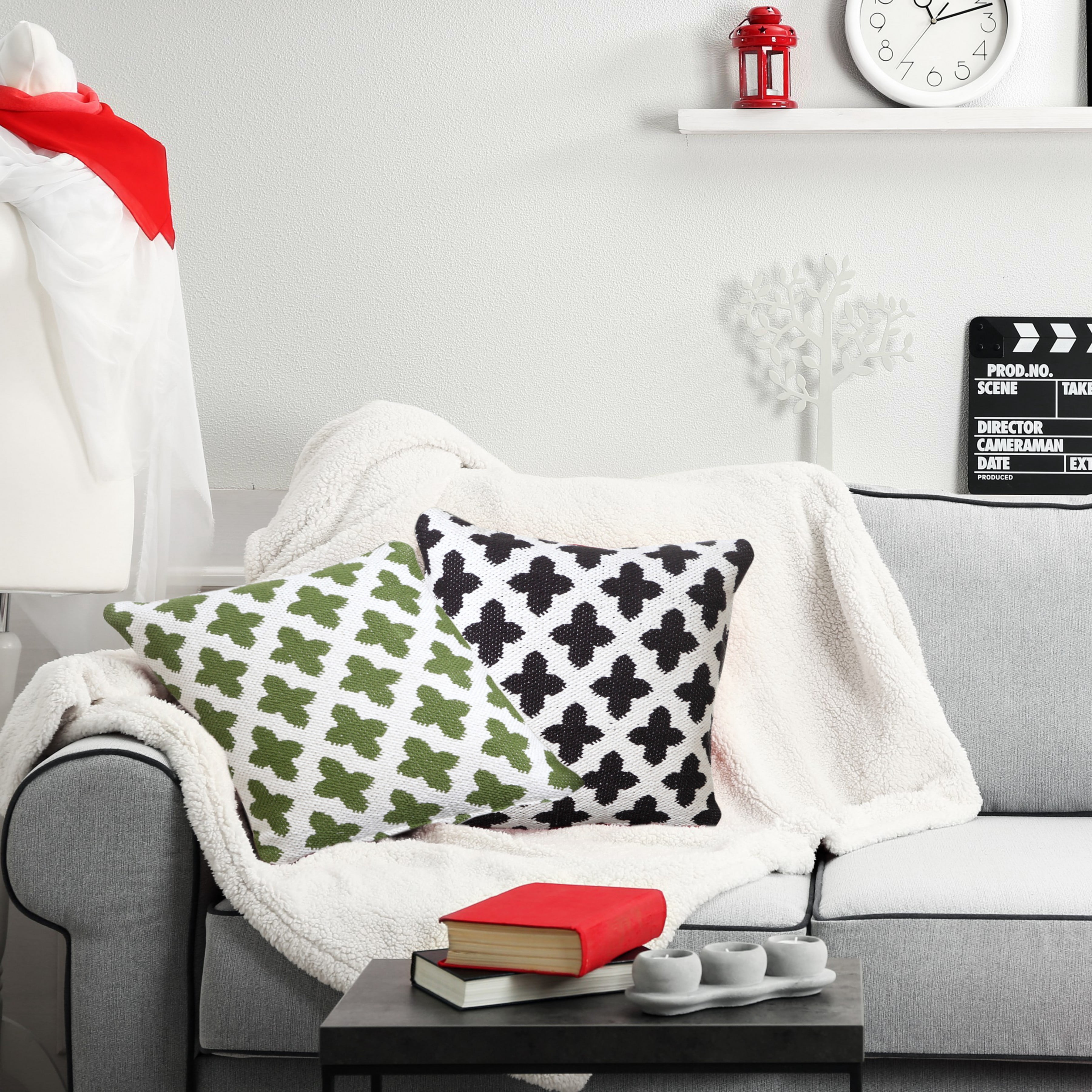 Laddha Home Designs Handwoven Swiss Cross Reversible Throw Pillow Cover - 20" - Green and White