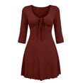 thumbnail image 4 of Ygbgbb Women V‑Neck Tie Front Mini Dress, Three‑Quarter Sleeve Ruffled Hem A‑Line Flowy Dress for Casual Outing and Dating Wine S, 4 of 5