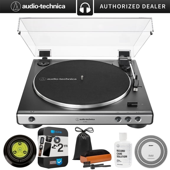 Audio-Technica AT-LP60X-GM Fully Automatic Belt-Drive Turntable 33-1/3 & 45 RPM -Gunmetal/Black Bundle w/ 2 Year Extended Protection Pack   Vinyl Care Pack: Stroboscope, Stabilizer   Care Solution